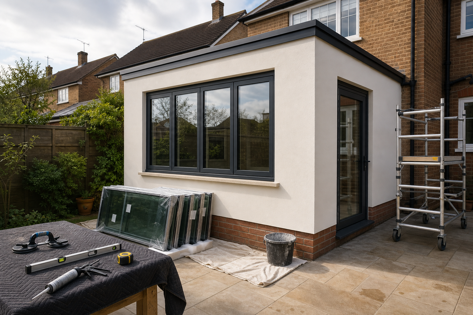 A newly built house extension with large windows, surrounded by tools and building materials.