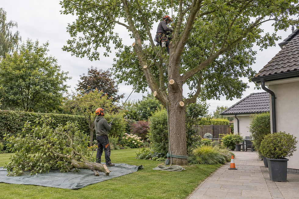 Two arborists wearing safety gear prune a large tree in a garden next to a house.
