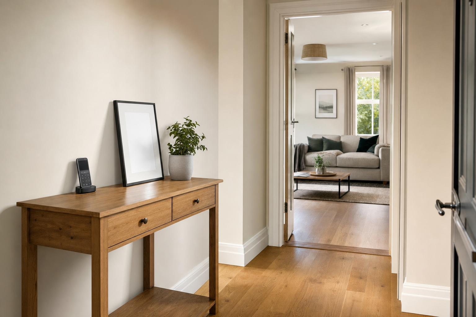 Hallway with a wooden console table, potted plant, and a cordless phone, leading to a bright living room with a grey sofa.