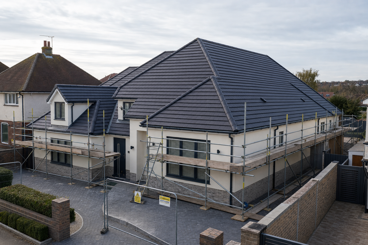 A modern house under construction with scaffolding around the roof and newly paved driveway.