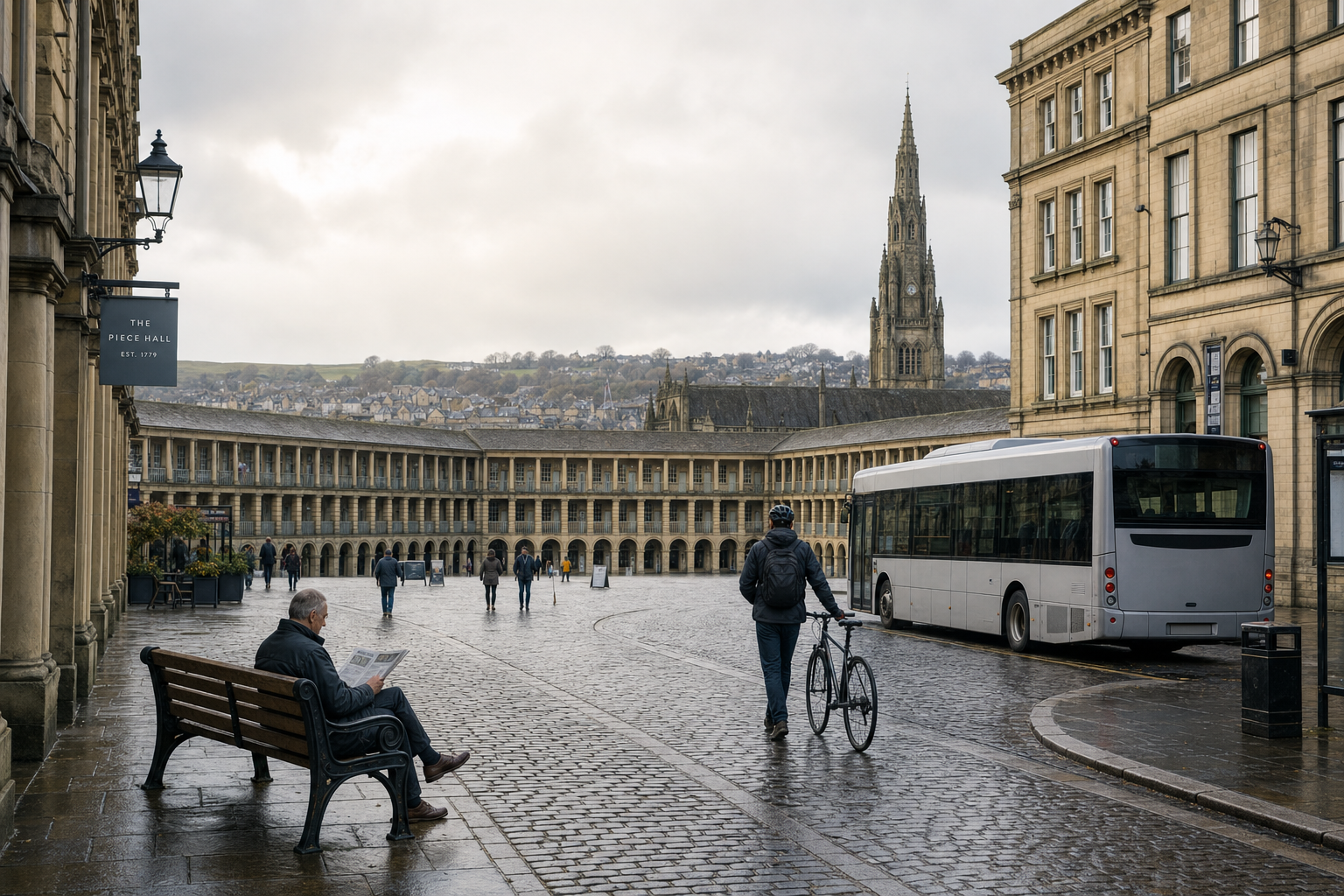 A man sits on a bench reading near The Piece Hall with a cyclist and bus nearby, against a backdrop of historic architecture.
