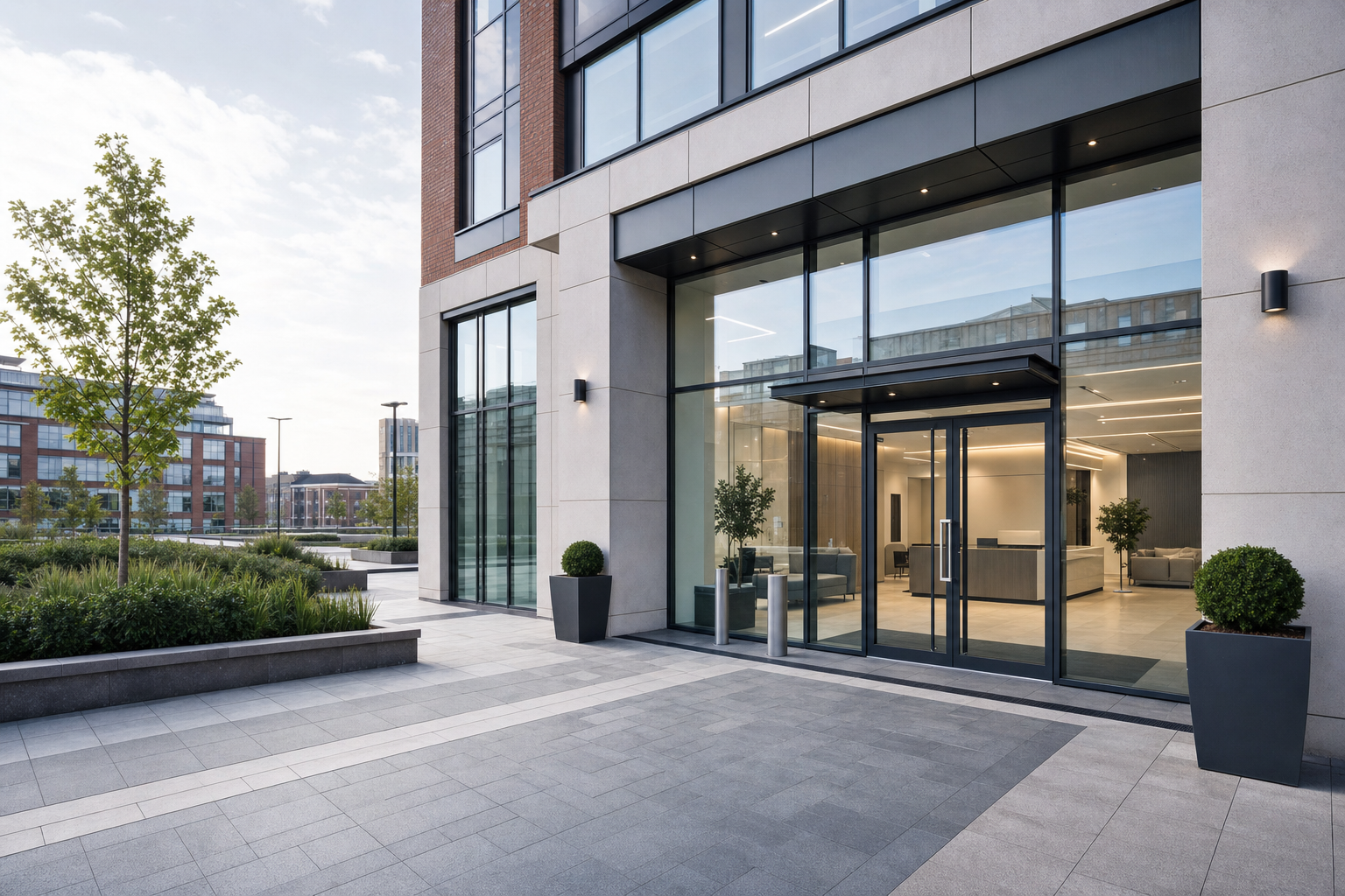 Modern office building entrance with large glass doors, surrounded by planters and a neatly paved courtyard.