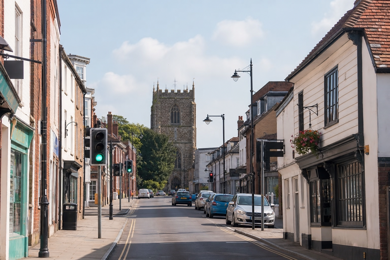 A quiet street lined with parked cars leads to a historic stone church in the background.