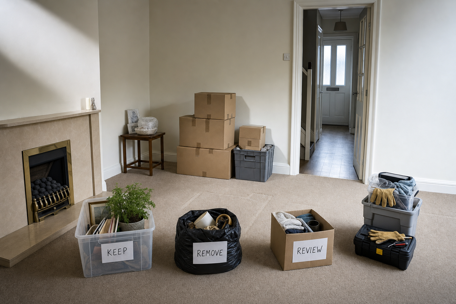 Boxes labelled keep, remove, and review are arranged in a room with stacked cardboard boxes nearby.