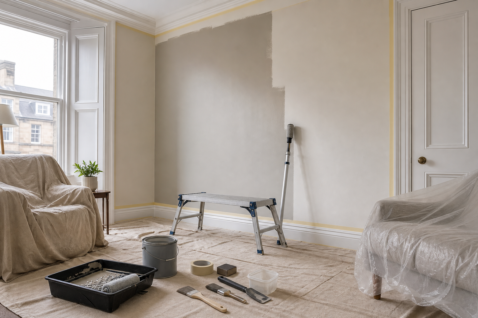 Room interior being painted with ladder, paint supplies, and furniture covered in plastic.