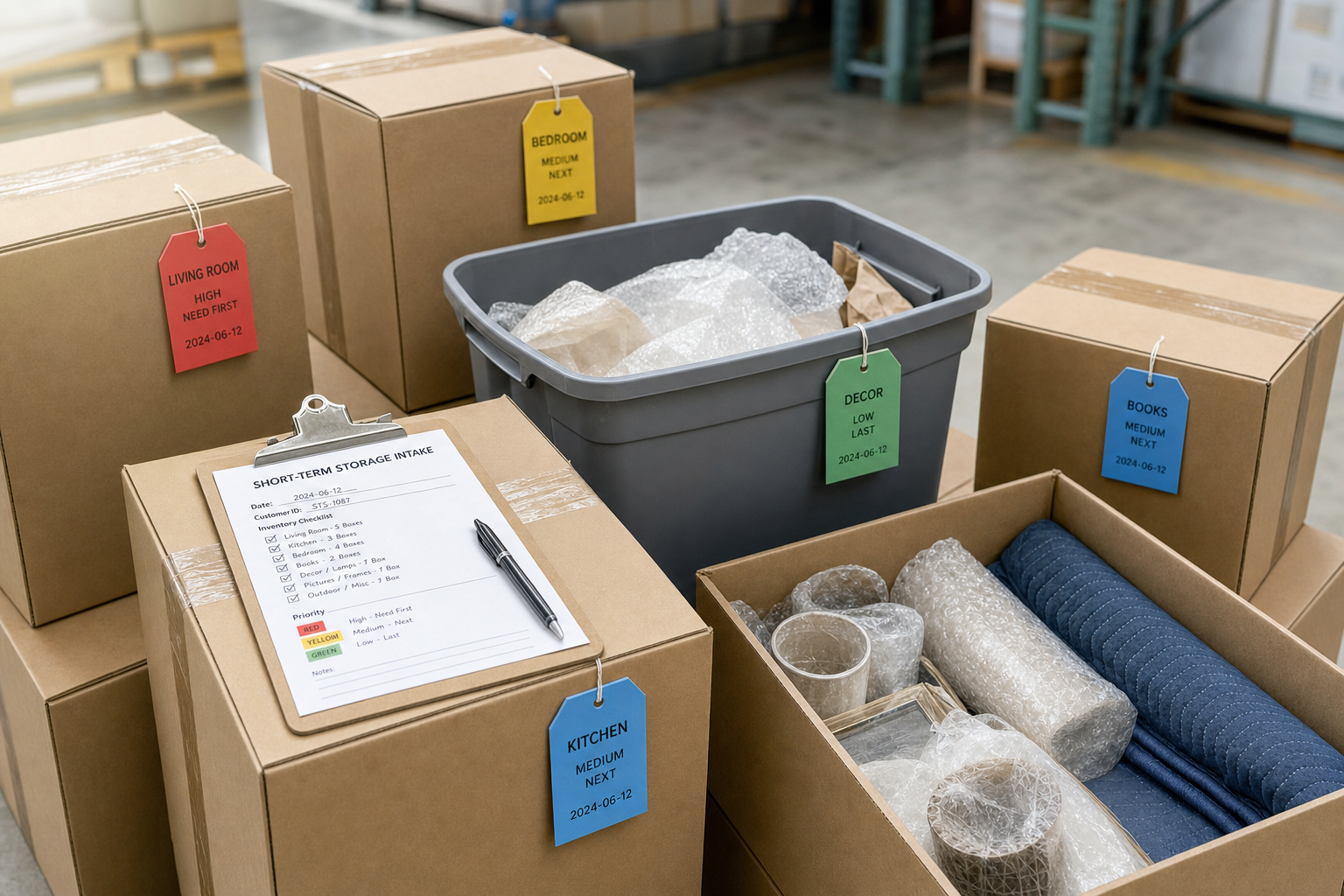 Stacked moving boxes with labelled tags and a clipboard checklist in a storage space.