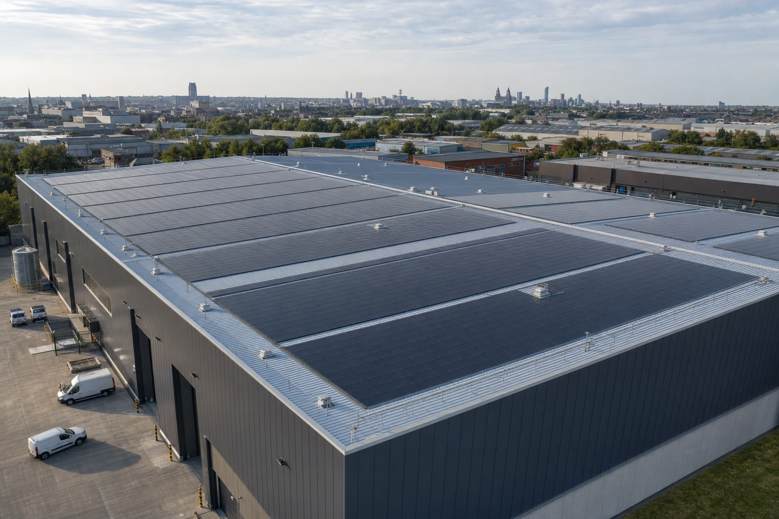 A large industrial warehouse with solar panels on its roof, set against a cityscape backdrop.