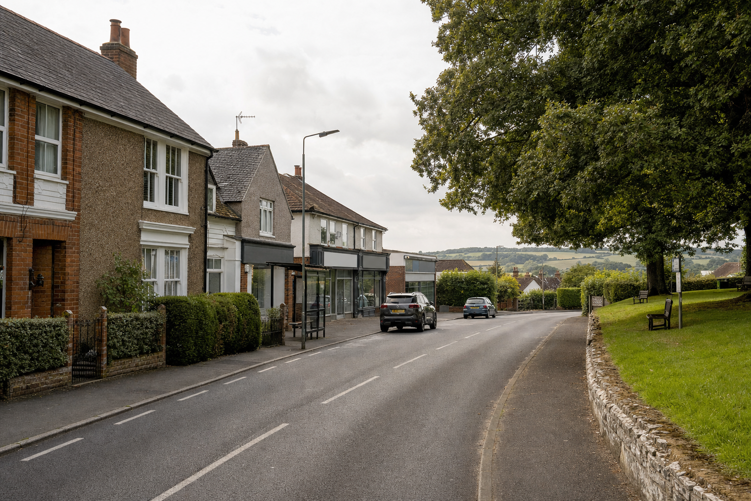 A quiet suburban street with parked cars and traditional houses on a cloudy day.