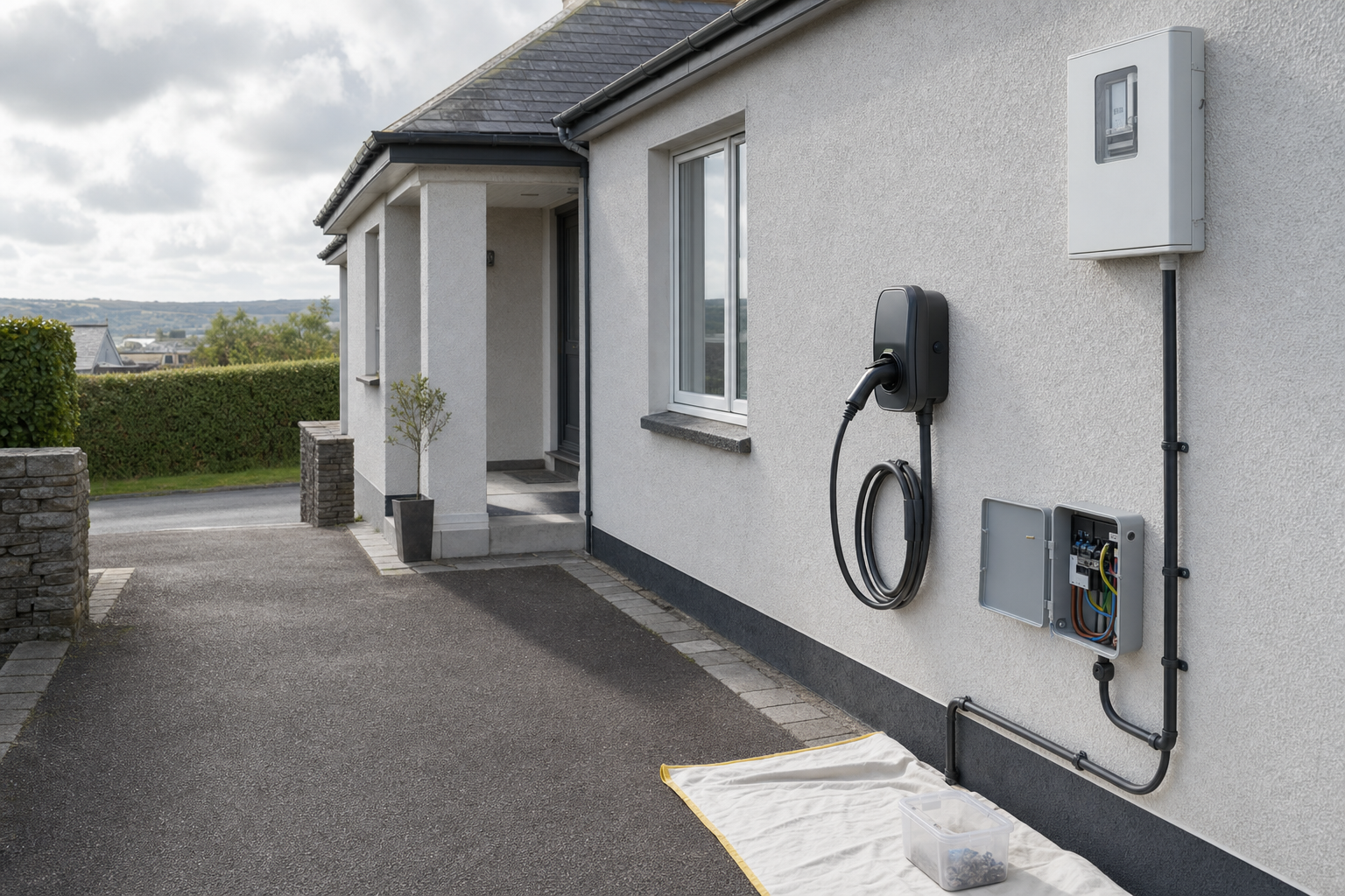 An electric vehicle charging point is installed on the exterior wall of a modern house near a driveway.