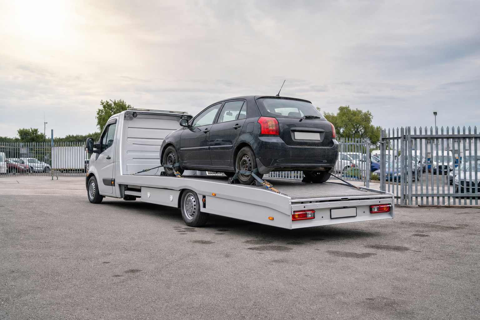 A black car is loaded onto a flatbed tow truck in a parking area surrounded by metal fencing.