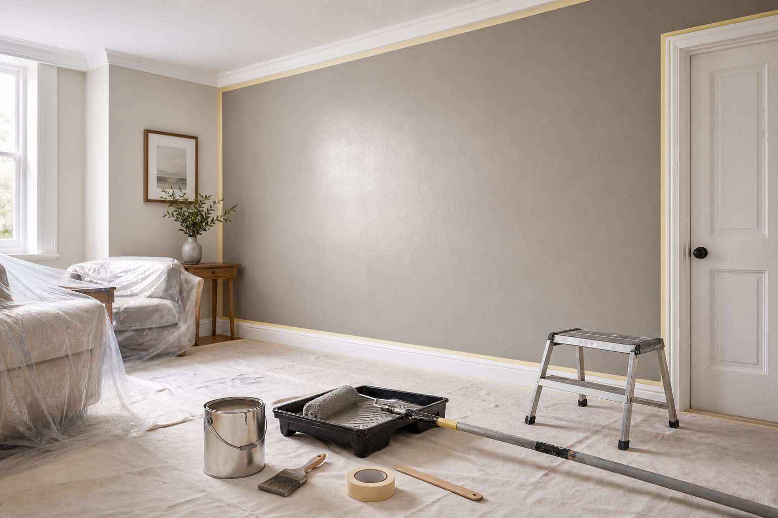 Room prepared for painting with tools, plastic-covered furniture, and a stepladder.