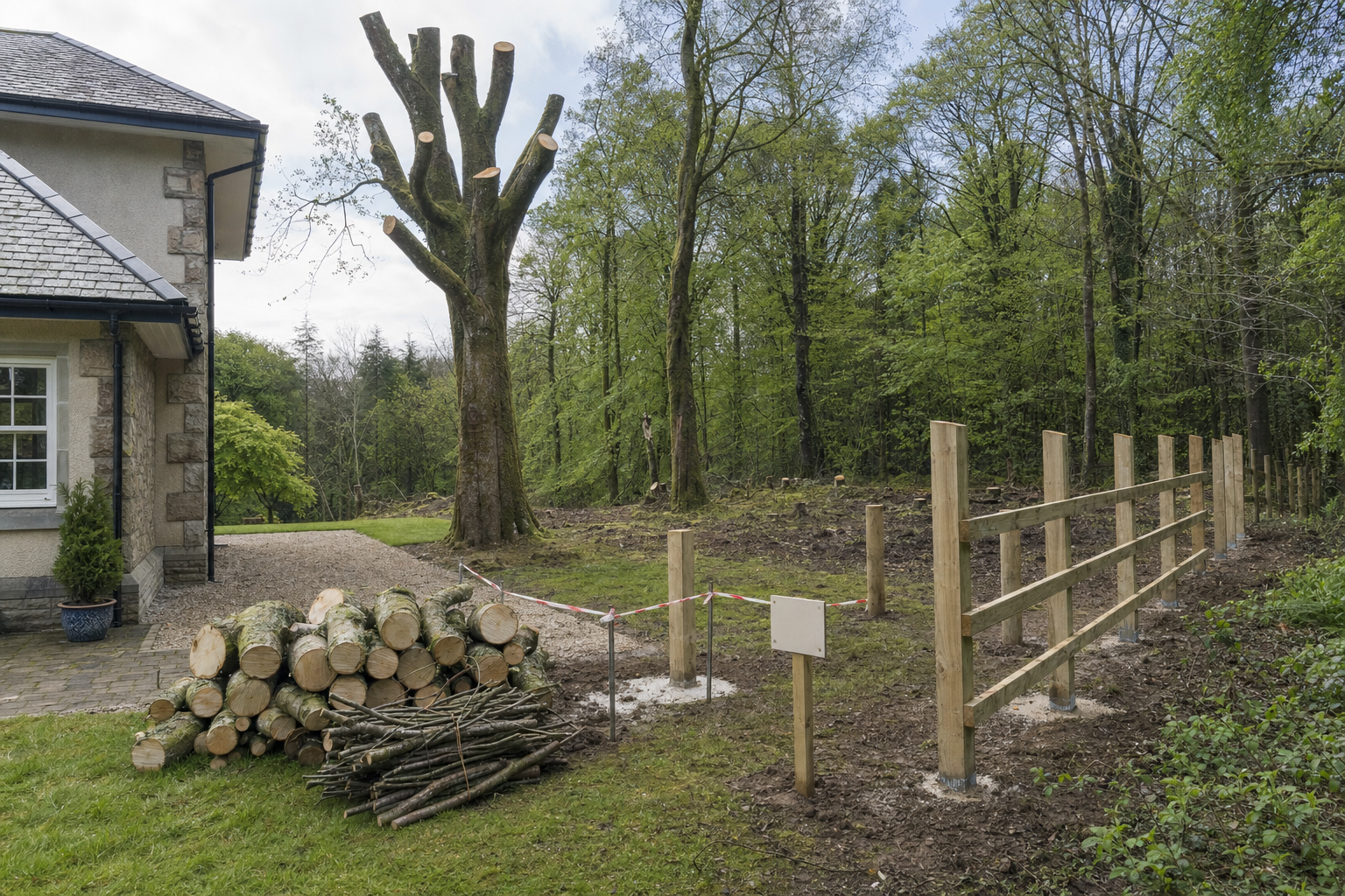 A tree stump stands beside a house with a new wooden fence under construction nearby in a leafy garden.