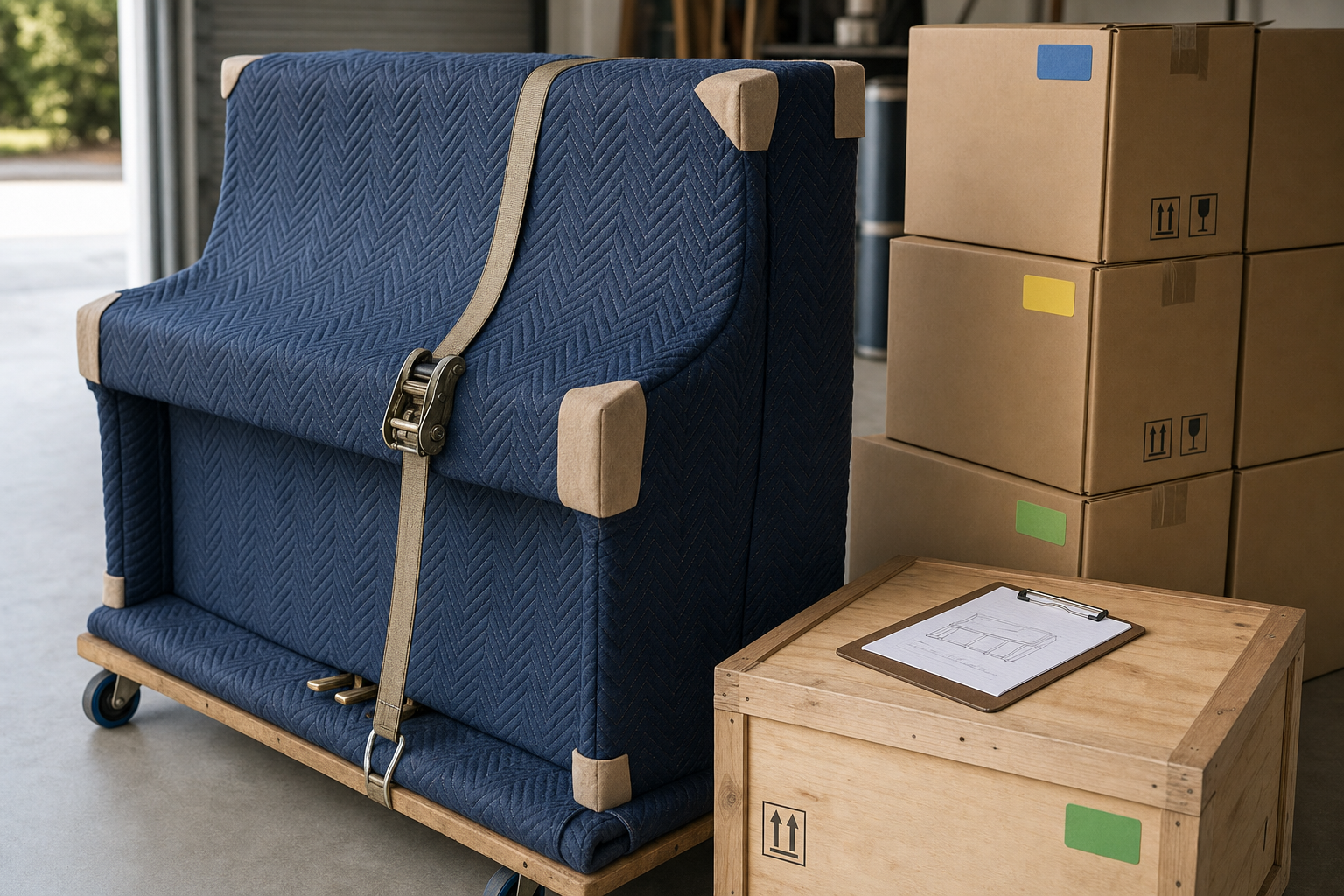 A padded couch strapped to a dolly sits alongside stacked cardboard boxes and a wooden crate with a clipboard on top.