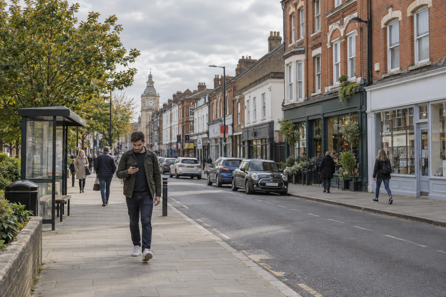 A man walks along a busy urban street, looking at his phone, with shops, cars, and a clock tower in the background.