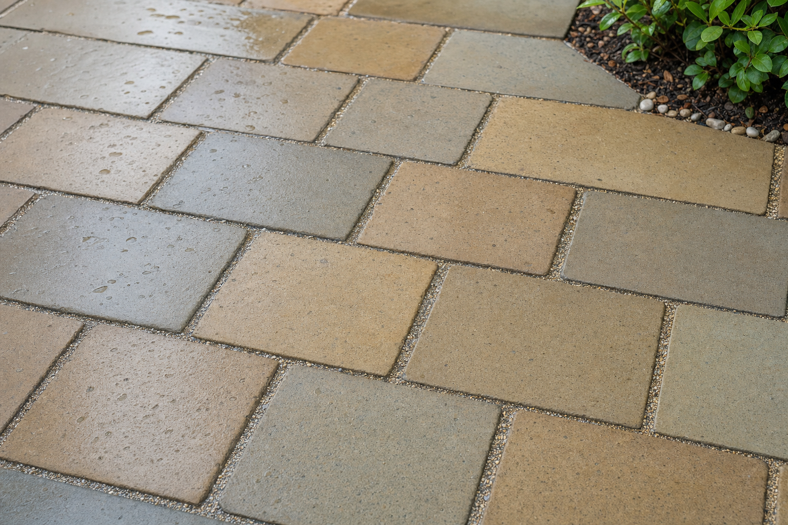 Wet paving stones beside a small garden area covered with pebbles and green leaves.