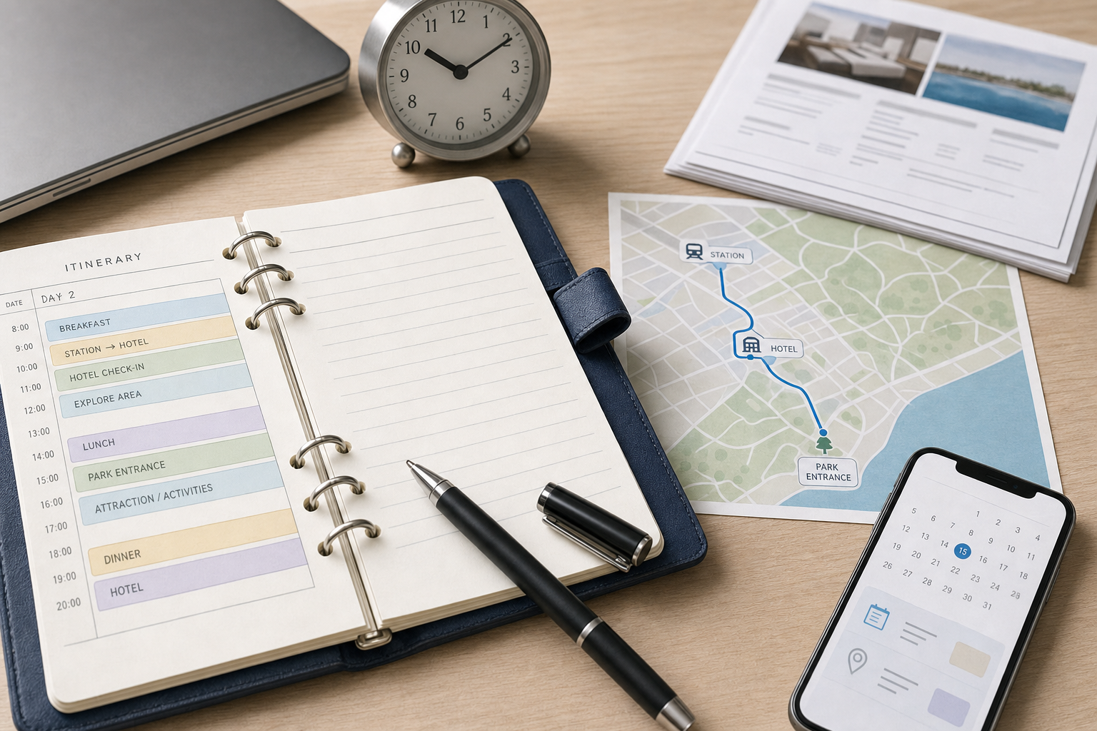 Open planner with a daily itinerary, alongside a map, clock, and digital calendar on a smartphone on a desk.