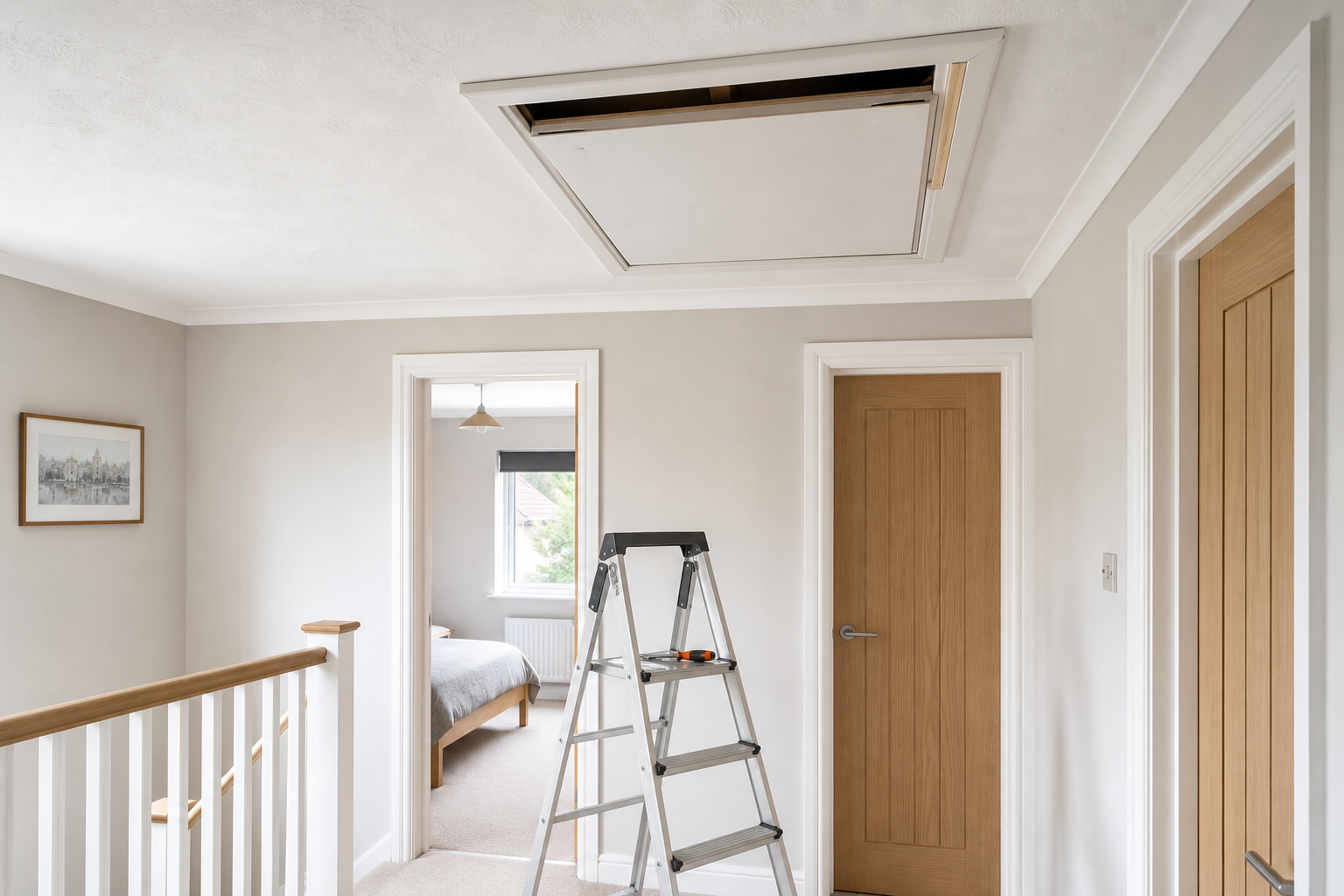 A stepladder positioned under an open loft hatch in a modern, carpeted hallway with closed wooden doors.