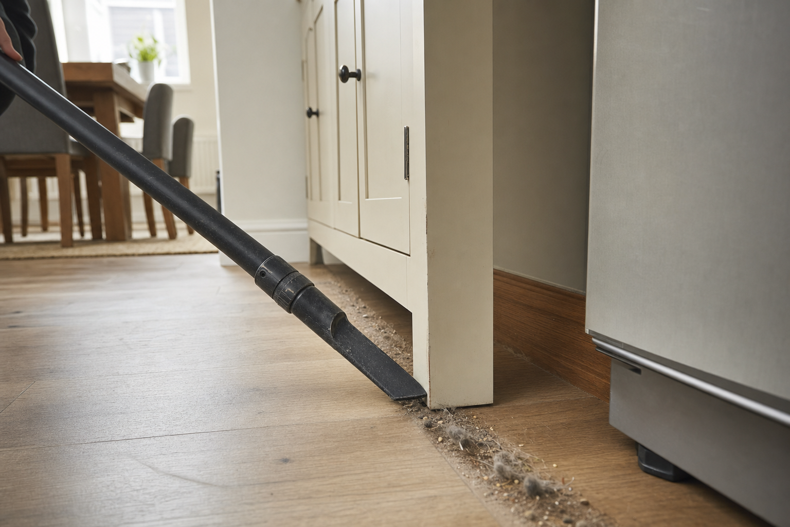 A vacuum cleaner nozzle removing dust and debris from a wooden floor near a kitchen cabinet.