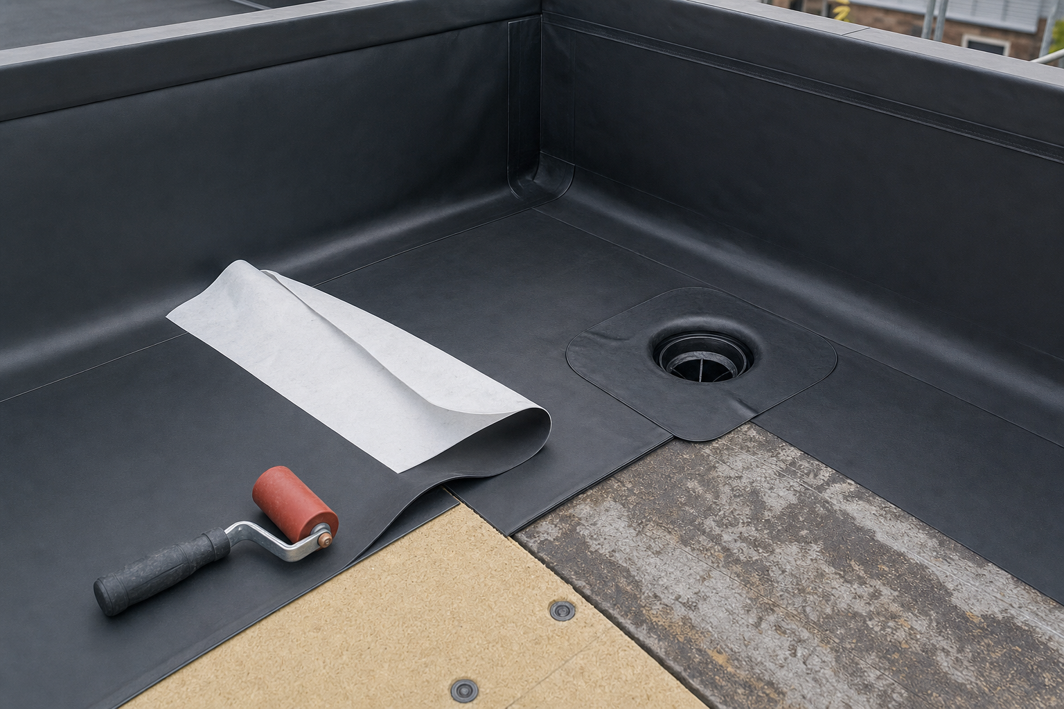 Flat roof installation with black waterproof membrane, drainage outlet, and a small roller tool on a plywood surface.
