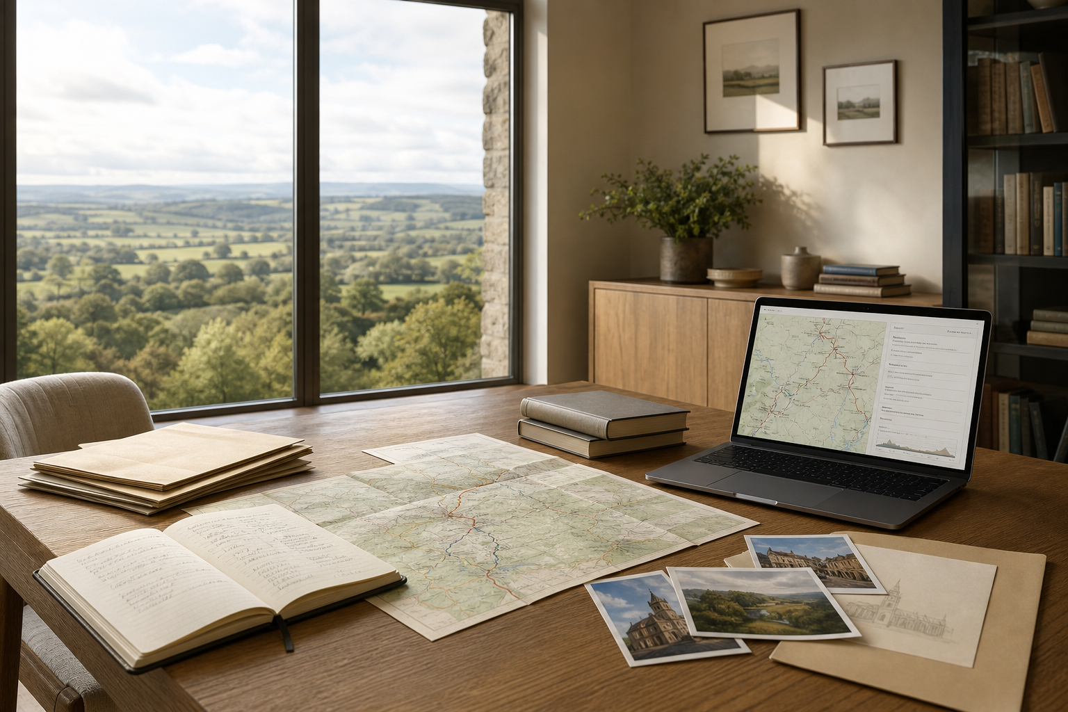 A wooden desk with maps, a laptop, and postcards overlooks a scenic countryside through a large window.