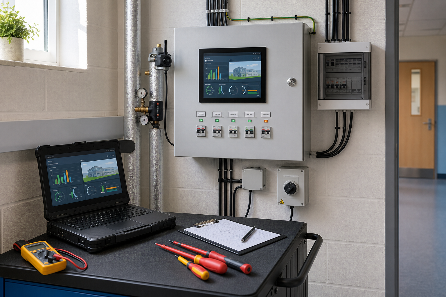 Industrial control panel setup with monitoring software on a laptop and various tools on a workstation.