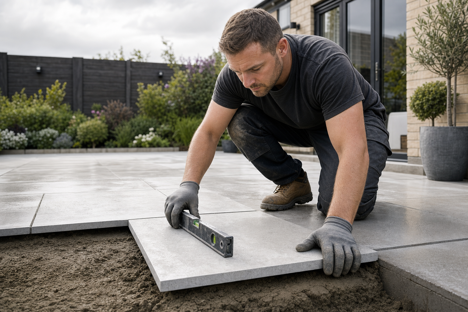 A man kneels on a patio, using a spirit level to lay a large paving slab on a sandy base.