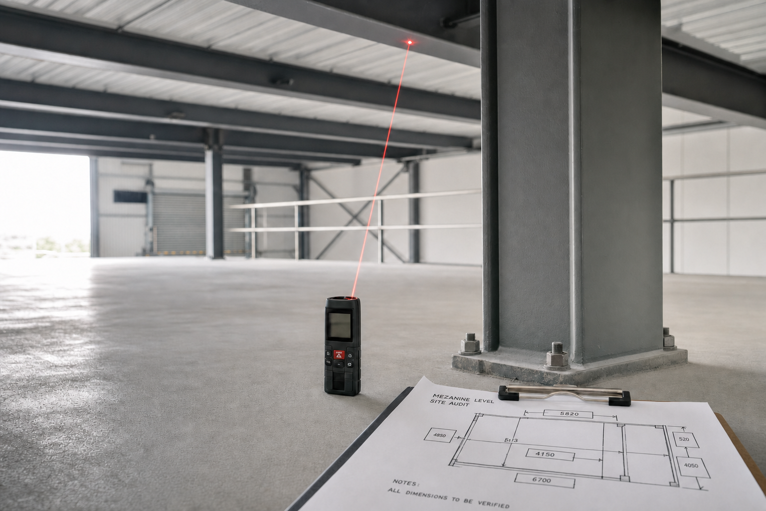 Laser distance measurer projecting a red beam in an unfinished warehouse beside architectural plans.