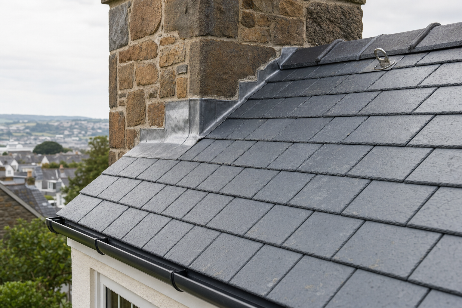 Slate-tiled roof with a stone chimney, overlooking a townscape in the background.
