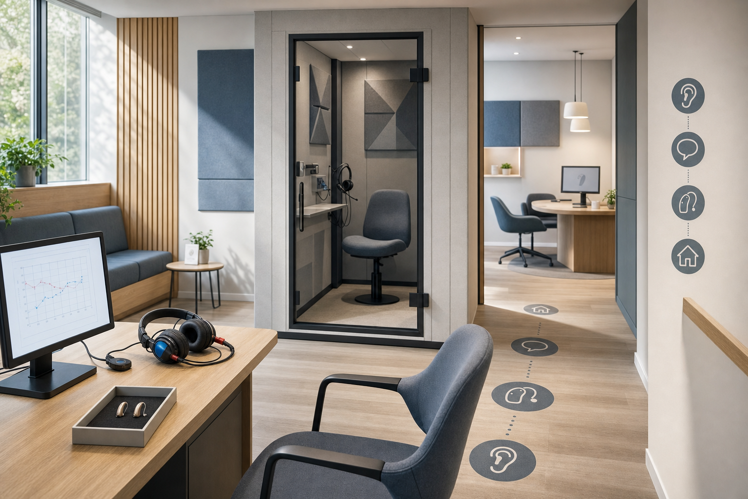 Modern audiologist's office with a hearing test booth, desk with headphones, and computer displaying a graph.