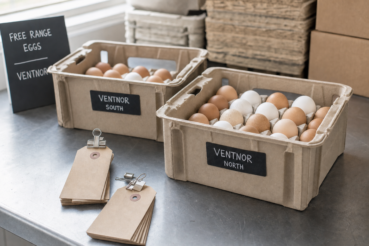Two crates of free-range eggs labelled Ventnor North and Ventnor South on a tabletop with labels and clips nearby.