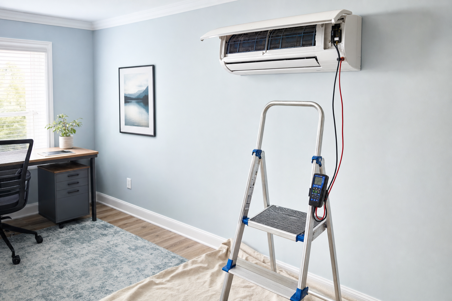 A step ladder with diagnostic tools stands beneath an open wall-mounted air conditioning unit in a home office.