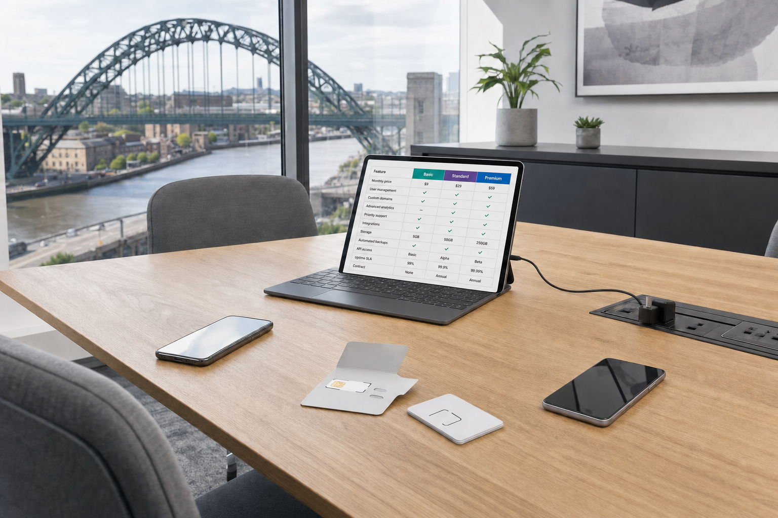 A laptop displaying a pricing plan alongside smartphones and a SIM card on a table with a river and bridge view in the background.