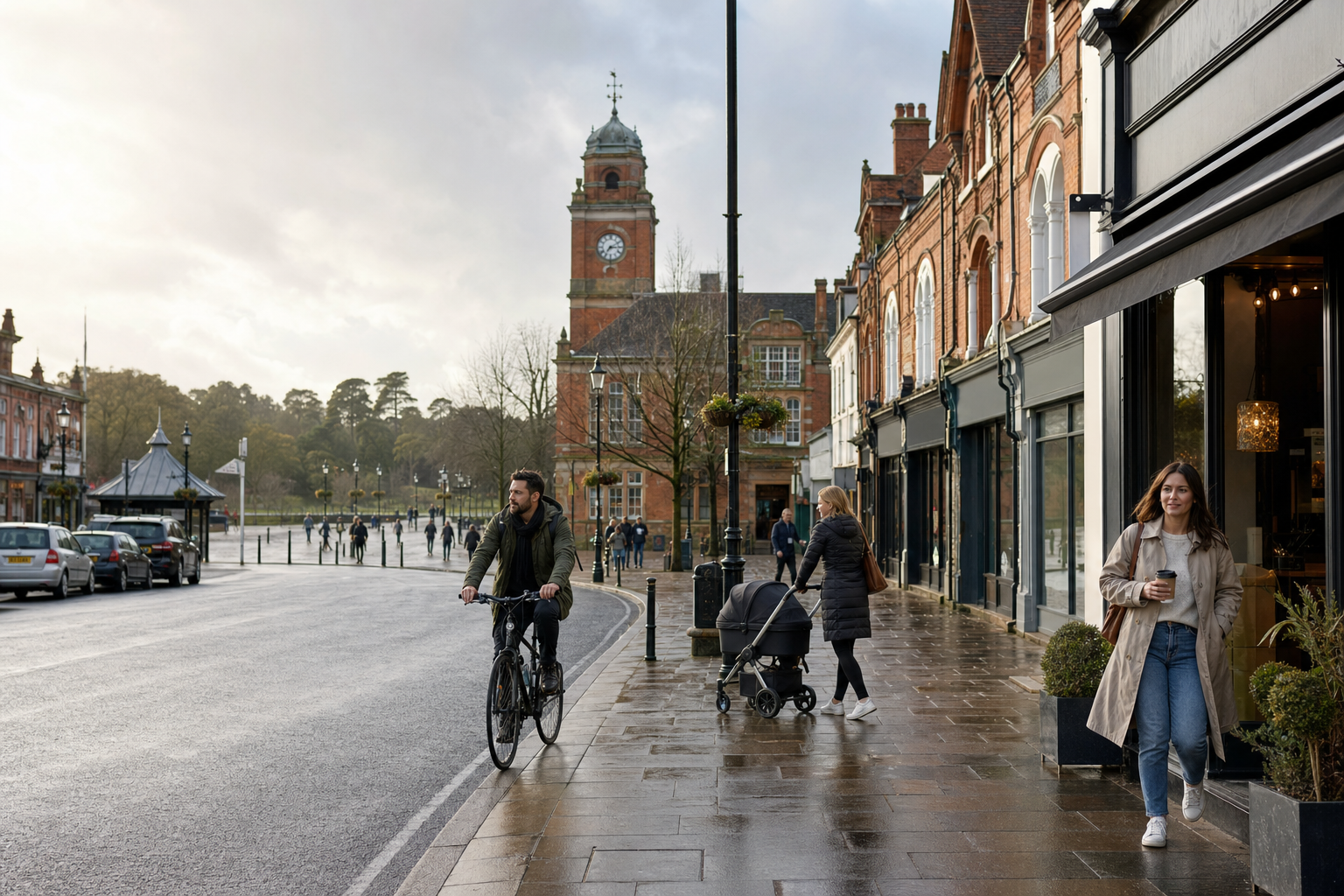 Cyclist and pedestrians walk along a wet street in a quaint town with historic brick buildings and a clock tower.