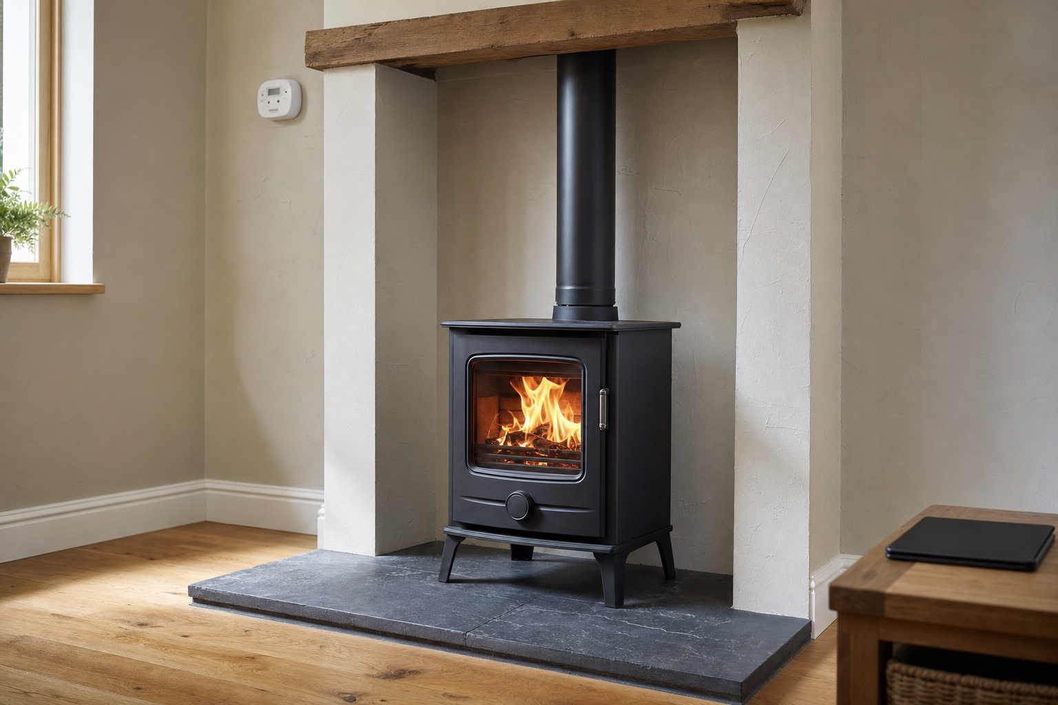 A lit wood-burning stove in a cosy living room with wooden floors and a stone hearth.
