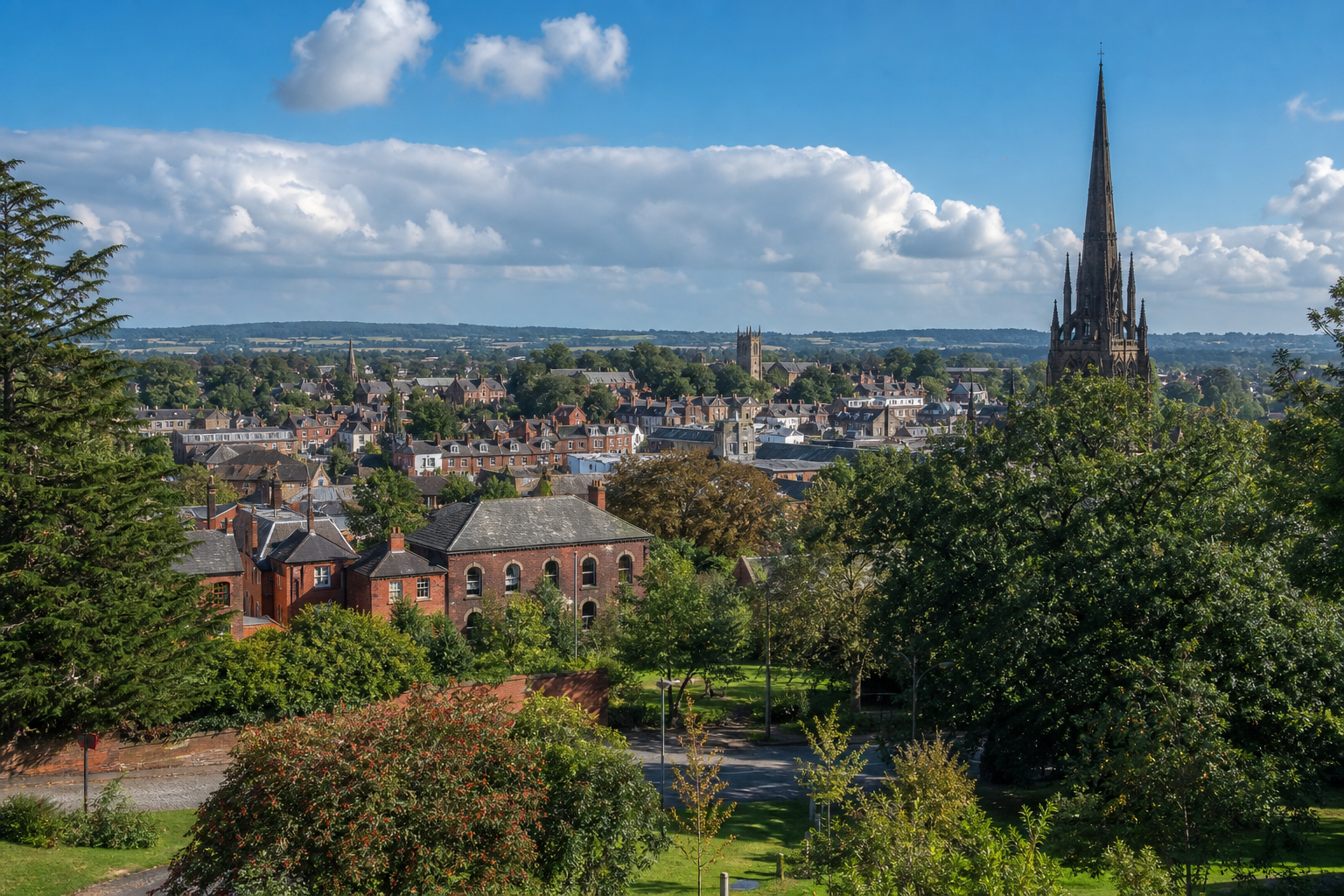 Scenic view of a historic town with a prominent church spire and lush greenery under a partly cloudy sky.