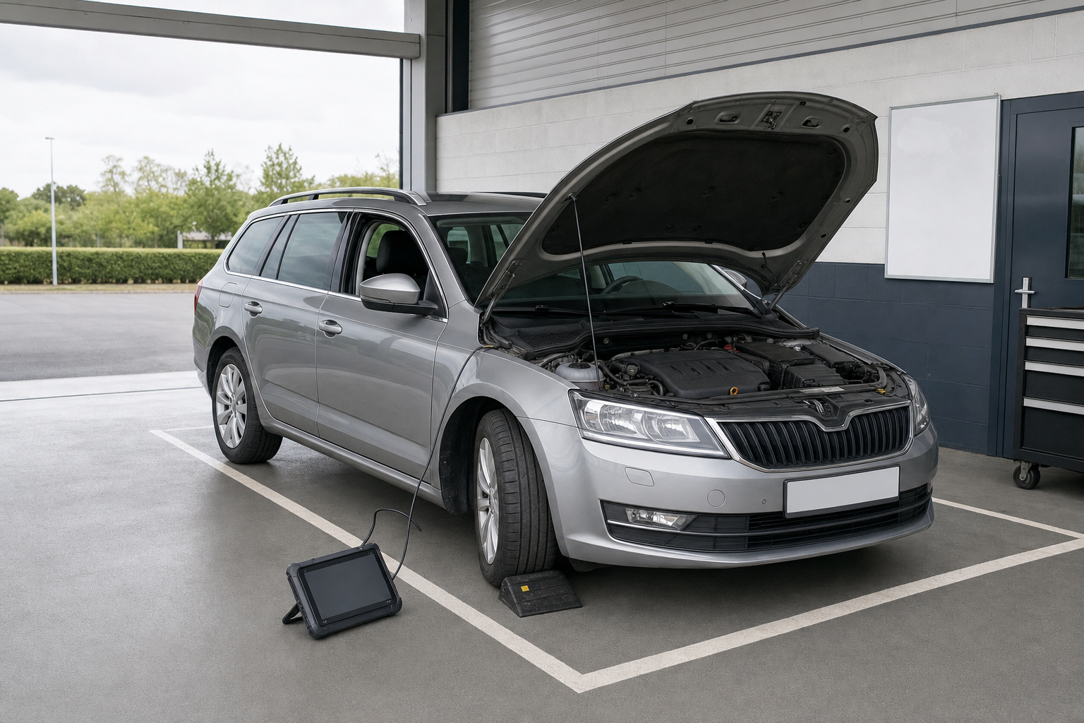 A grey estate car with an open bonnet is parked in a garage next to a diagnostic tablet on the ground.