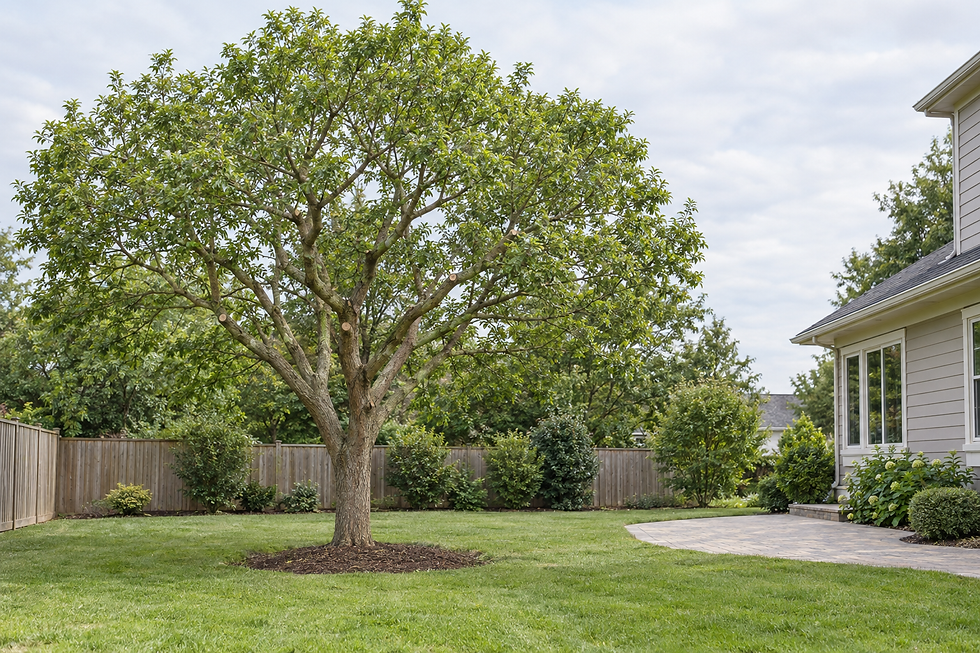 A large tree stands in a well-maintained garden beside a modern house with a patio.