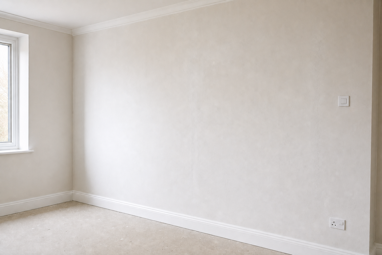 Empty room with cream walls, a window on the left, and an electrical socket and light switch on the right.