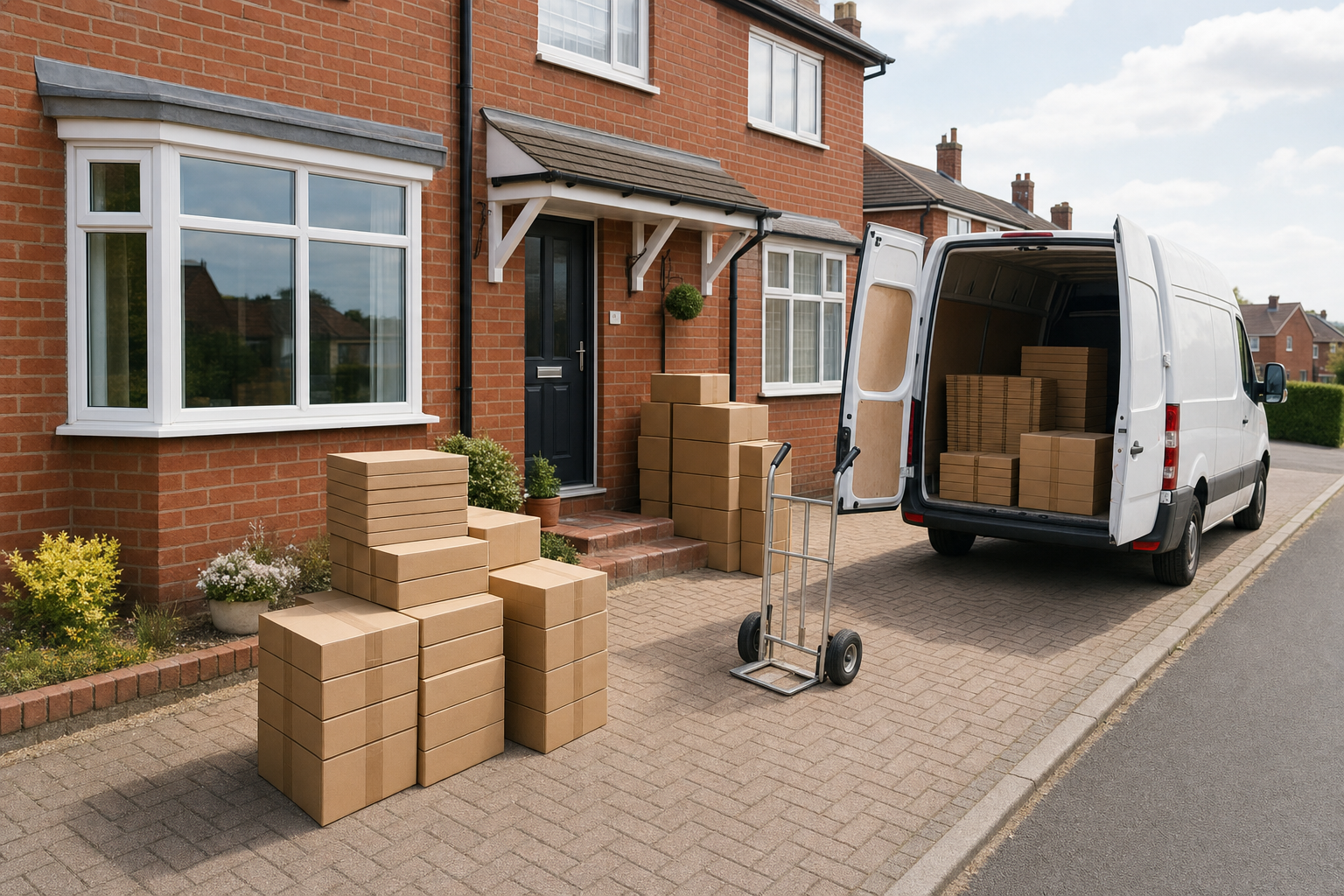 Delivery van parked outside a house with numerous cardboard boxes being unloaded onto the pavement.