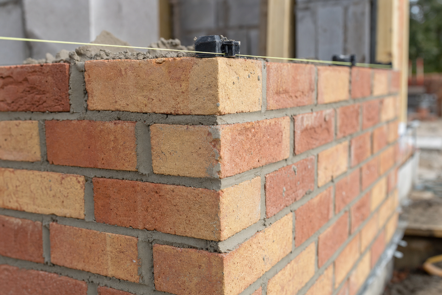 Newly built brick wall corner with a guide line for construction alignment.