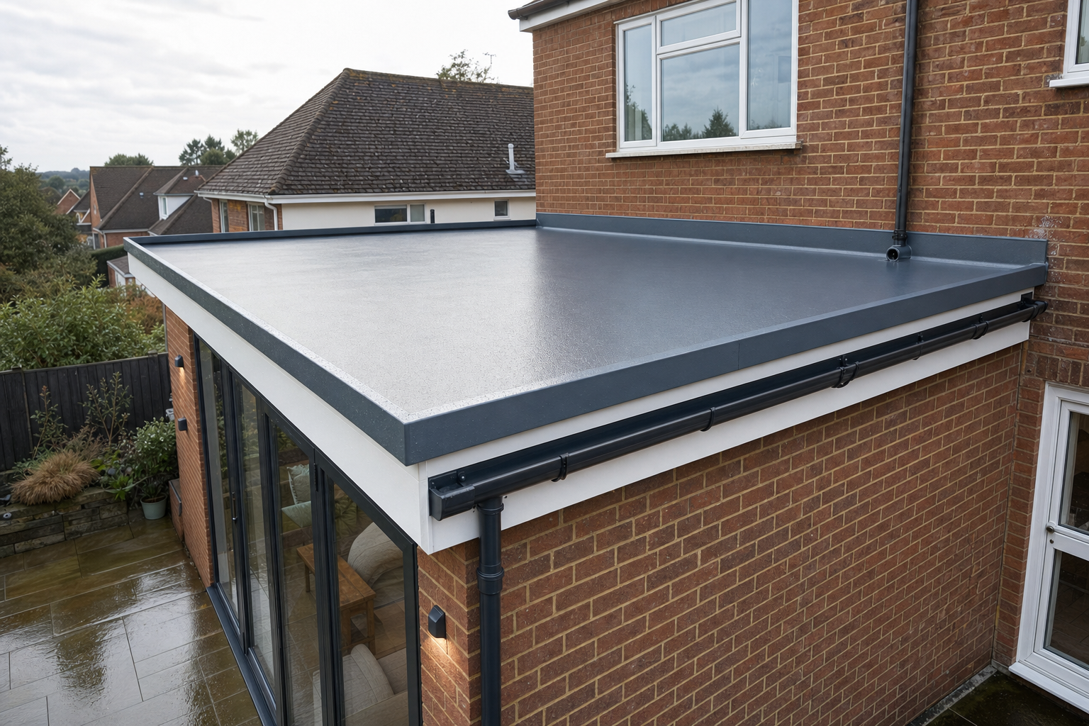 A modern flat roof extension with large windows on a red-brick house.