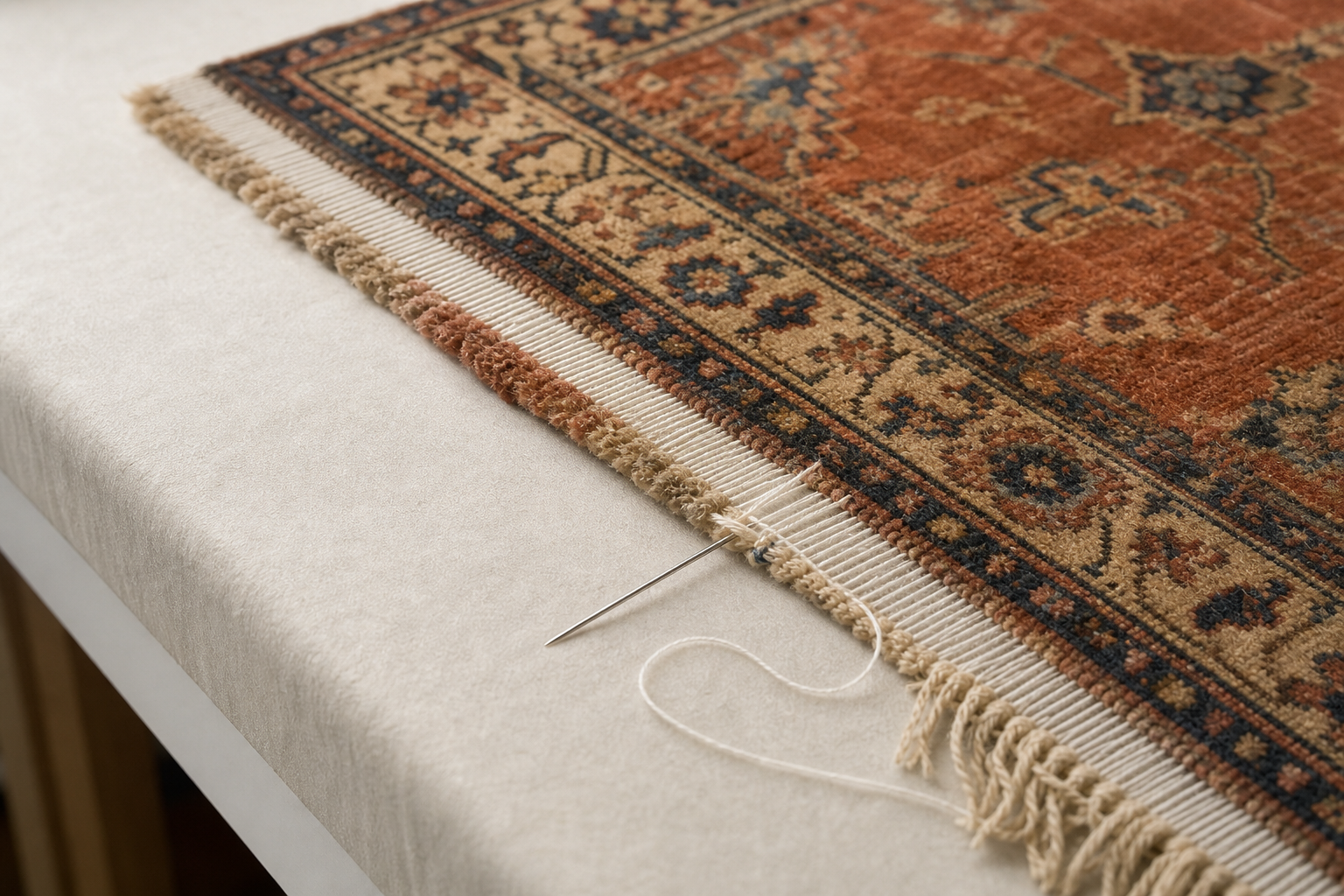An ornate carpet being repaired with a needle and thread on a beige surface.