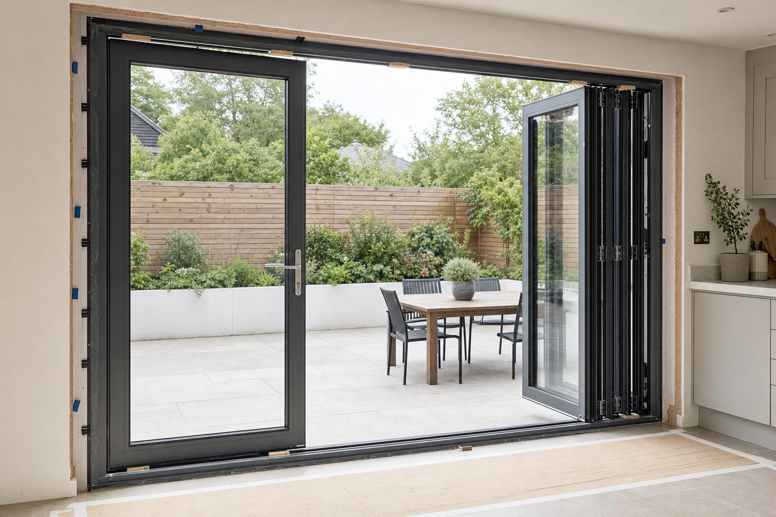 Bifold doors open to a patio with a wooden dining table and chairs, surrounded by lush greenery and a modern fence.