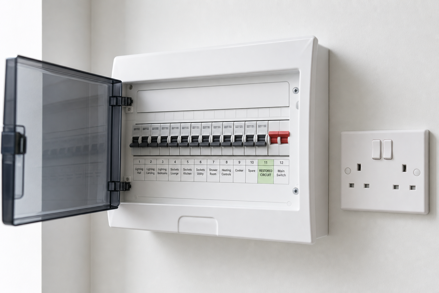 Electrical consumer unit with labelled circuit breakers, open cover, and adjacent double power socket on a white wall.