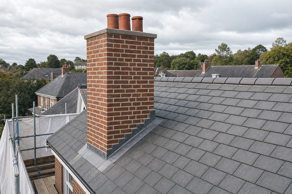 Brick chimney stack with three pots on a tiled roof against a cloudy sky, with surrounding houses and scaffolding visible.