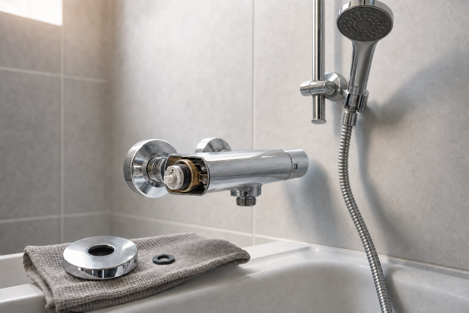 A bathroom tap with an exposed cartridge valve is undergoing repair next to a showerhead.