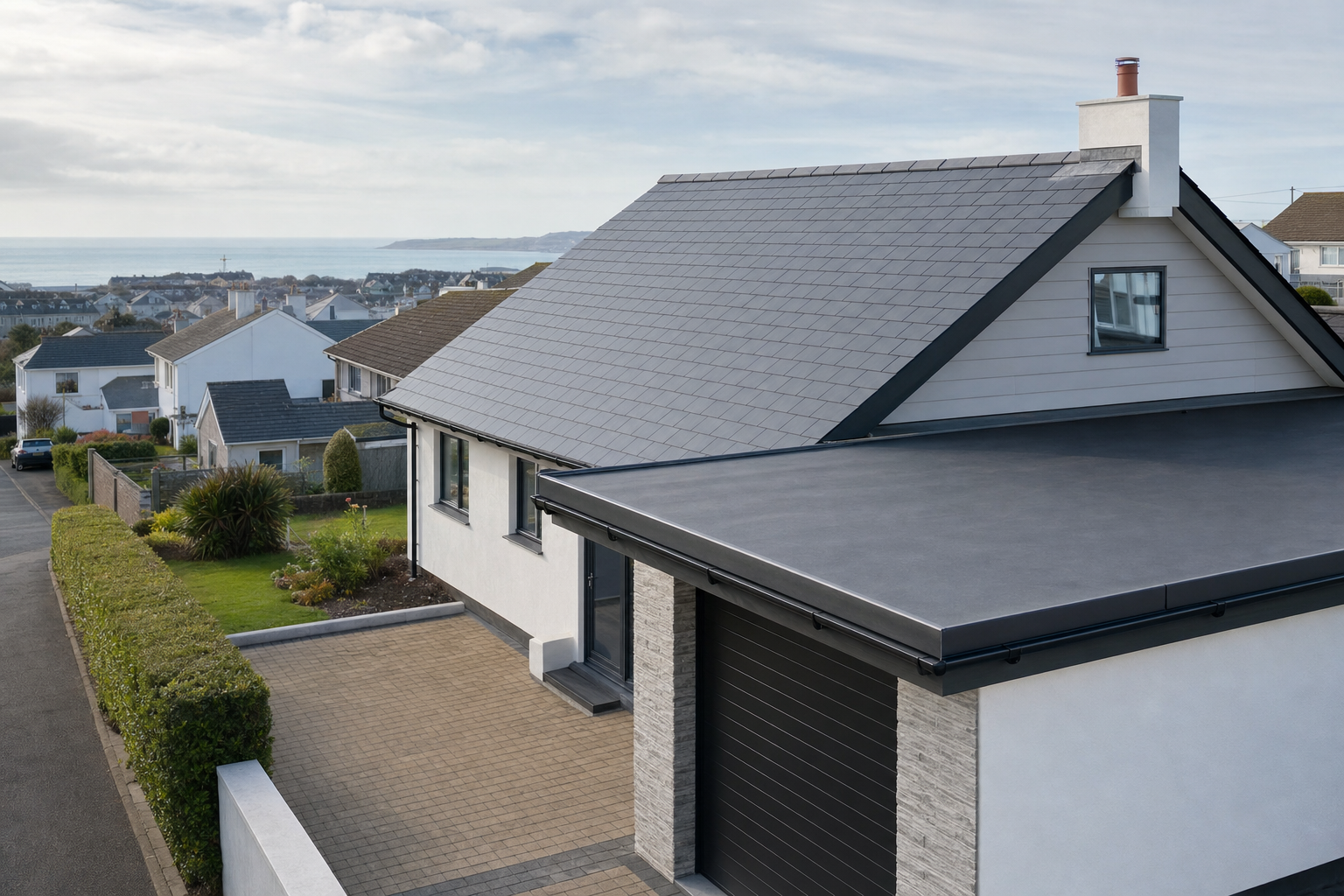 Modern bungalow with a grey slate roof and manicured garden, overlooking a coastal town.