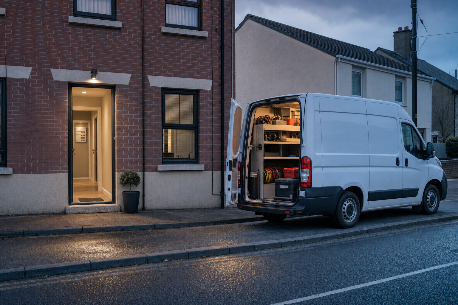 A white van with its back door open is parked on a street outside a lit brick terraced house in the evening.