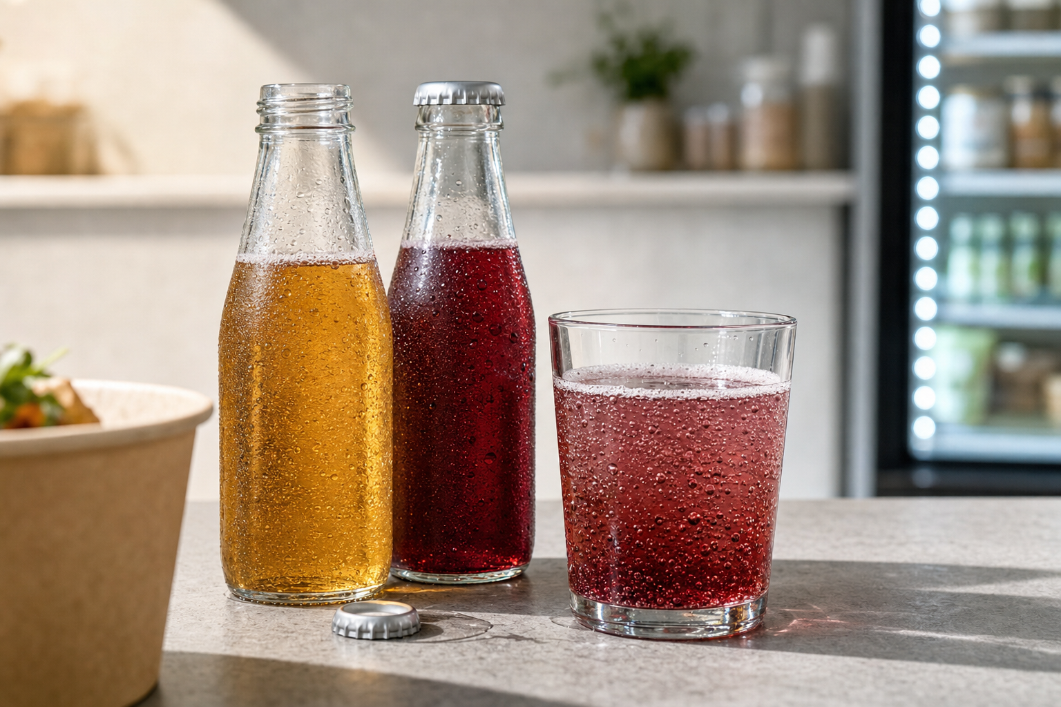 Two glass bottles and a glass filled with fizzy drinks on a countertop, with a salad bowl and fridge in the background.
