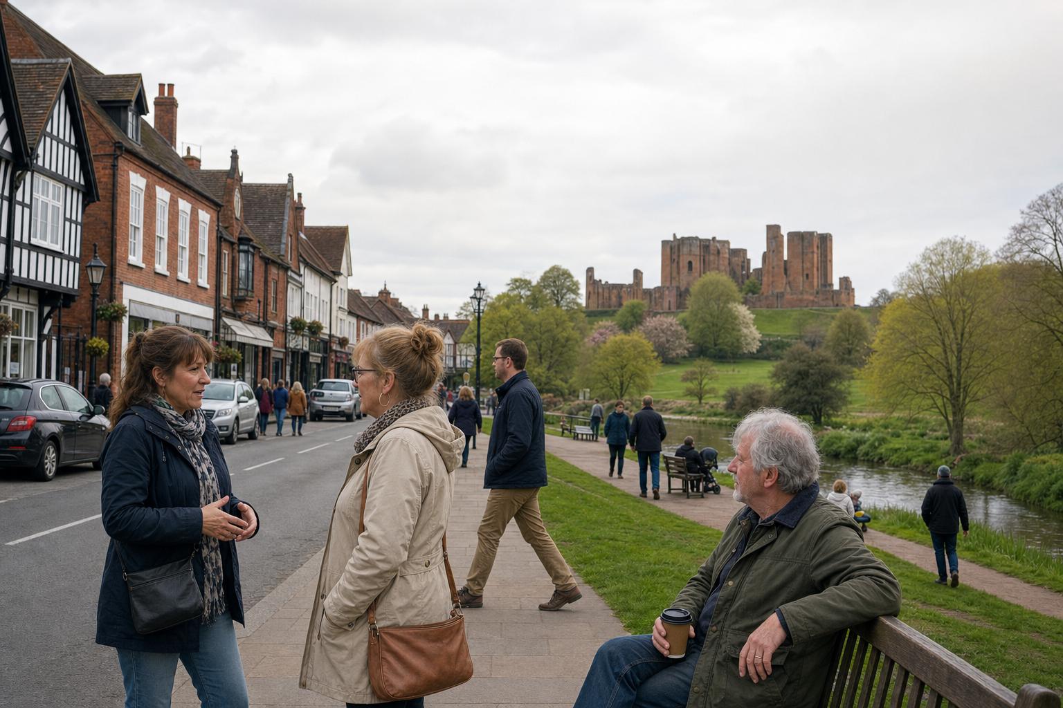 Two women talking on a quaint English street with a castle in the background.